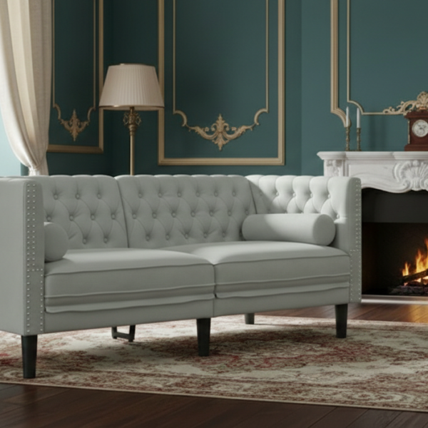 Luxe fluwelen Chesterfield tweezitsbank lichtgrijs