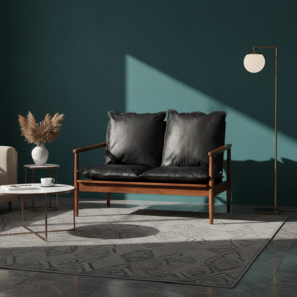 Premium echt leren 2-zitsbank – massief acaciahout, zwart 100x72 CM