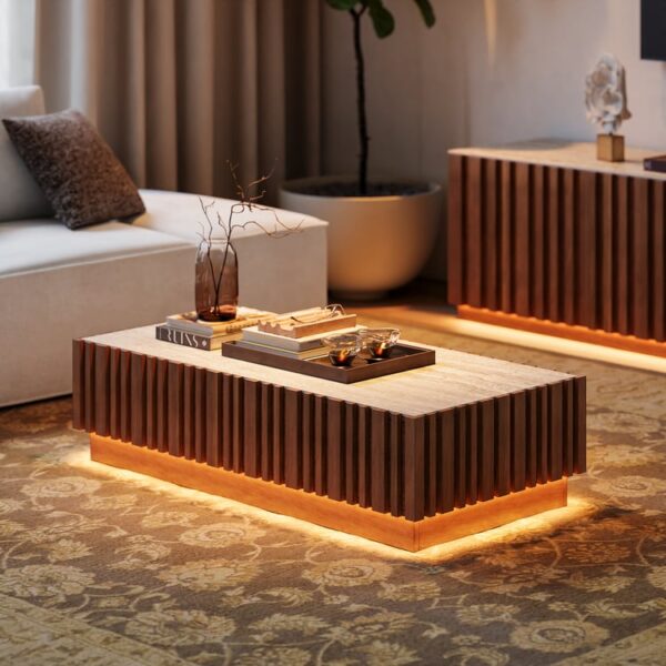 Aura 120 cm premium salontafel van essenhout met gesinterd steenblad