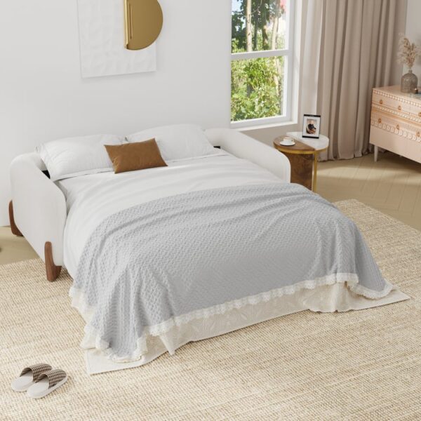 Curva Bouclé uitklapbare slaapbank – luxe wit met houten frame