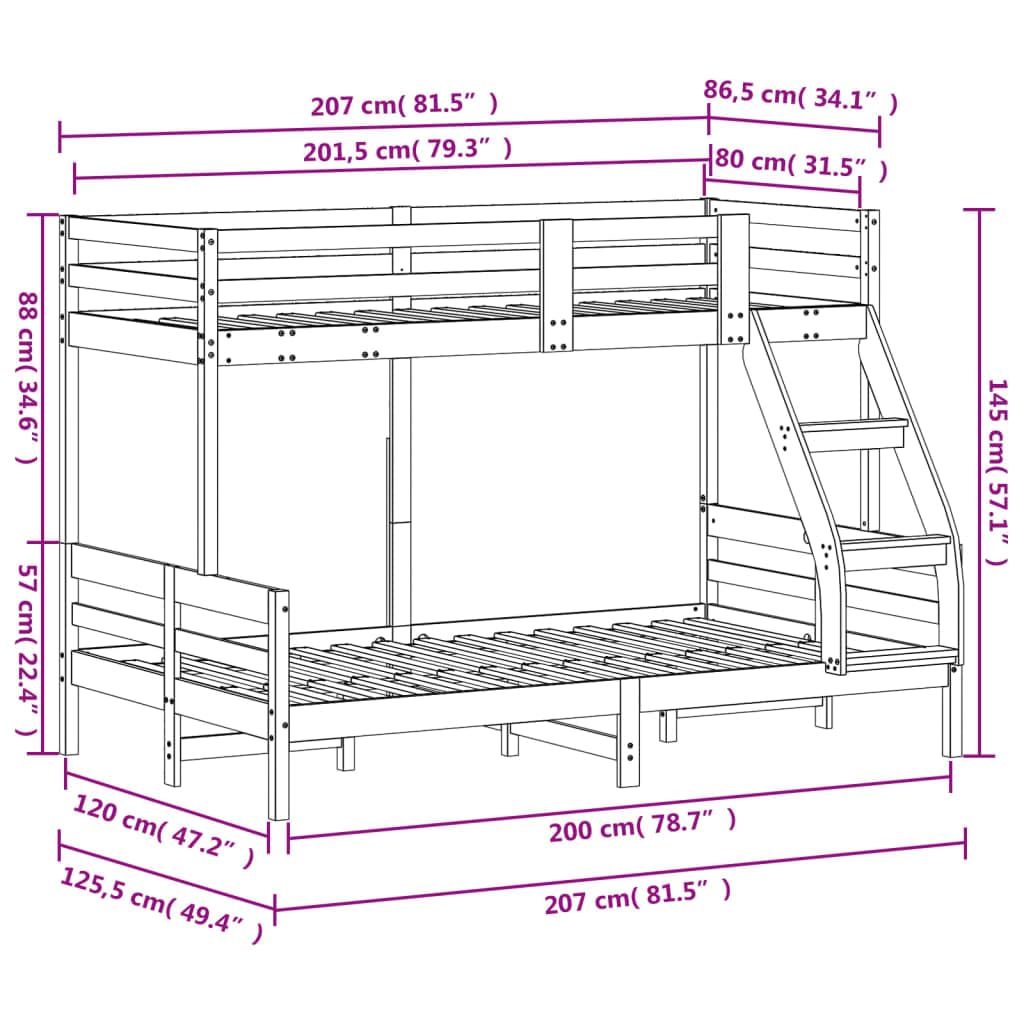 Hoogwaardig massief grenen stapelbed wit 80x200/120x200