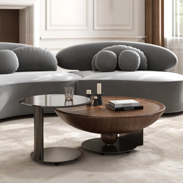 Luxe 2-delige salontafelset van hout en glas — modern rond