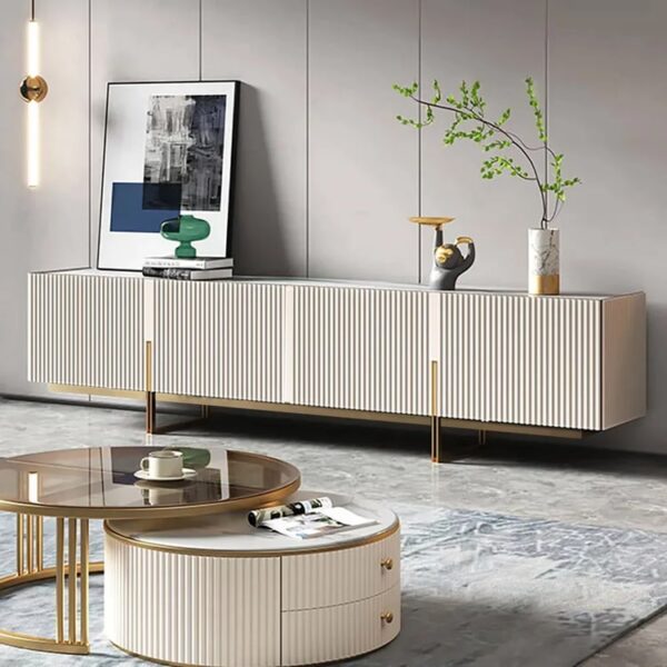 Luxe 220 cm TV-meubel – wit hout met marmeren blad