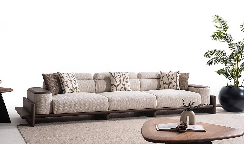 Luxe Alya 5-zits bank – crème met houten armleuningen