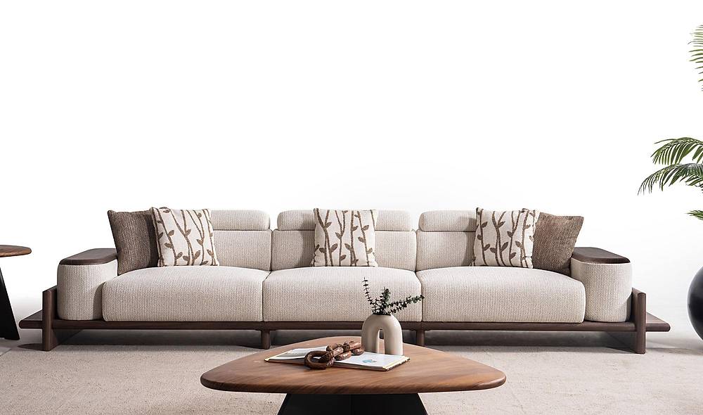 Luxe Alya 5-zits bank – crème met houten armleuningen