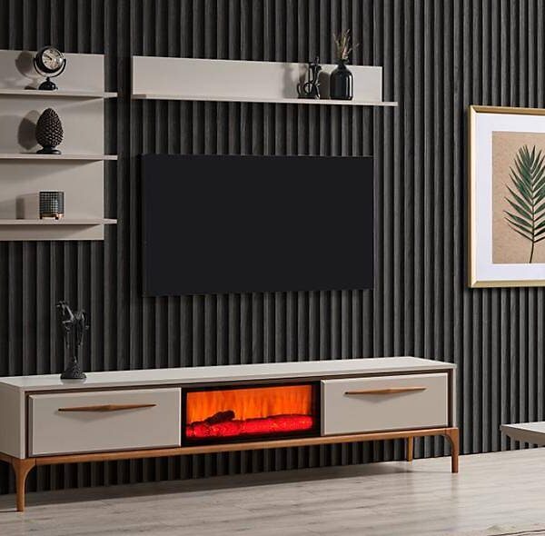 Luxe beige tv-meubel met ingebouwde elektrische haard