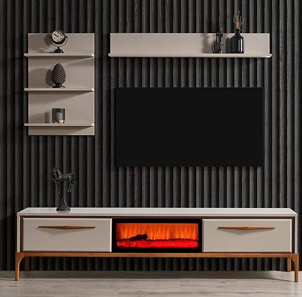 Luxe beige tv-meubel met ingebouwde elektrische haard