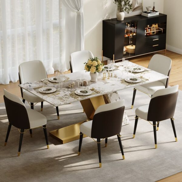 Luxe eettafel 180 cm met stenen blad & 6 goudkleurige stoelen
