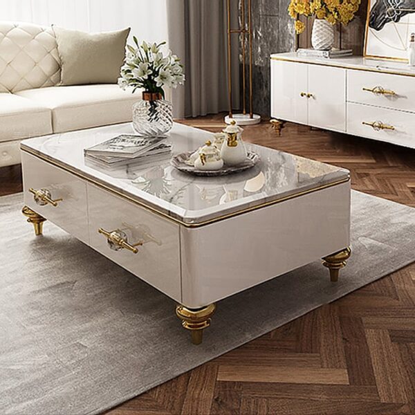 Luxe marmeren salontafel 130×70 cm — wit met goud, 4 lades