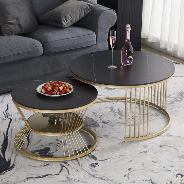 Luxe marmeren salontafelset zwart-goud met opbergplank