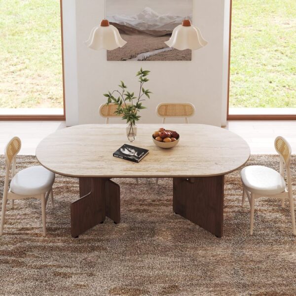 Luxe ovale eettafel 200 cm – kunst-travertin blad & walnootvoet