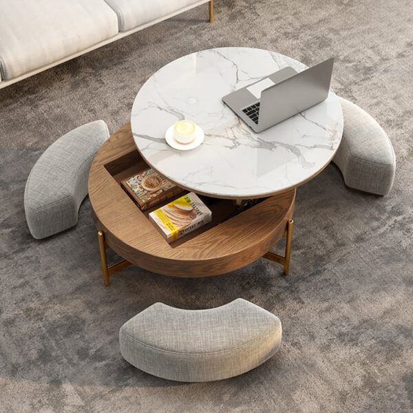 Luxe ronde salontafel 80 cm met marmer, verstelbaar & opbergruimte