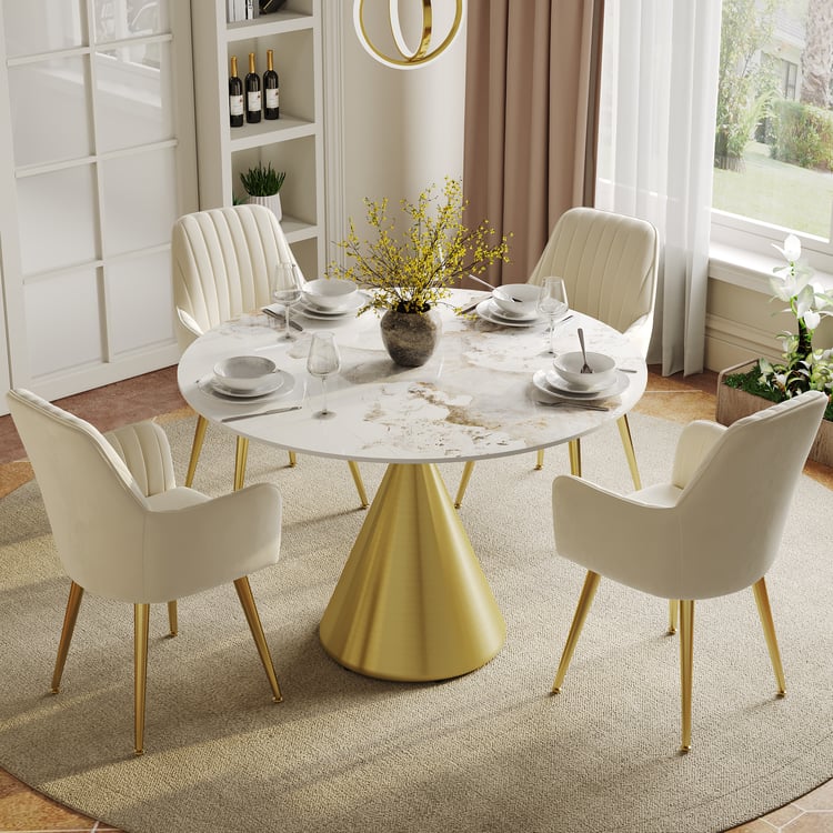 Luxe ronde sintersteen eettafel 100 cm – geborsteld gouden poot