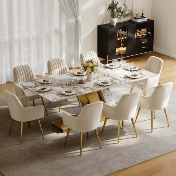 Luxe sintersteen eettafel 220 cm met 8 stoelen — goud