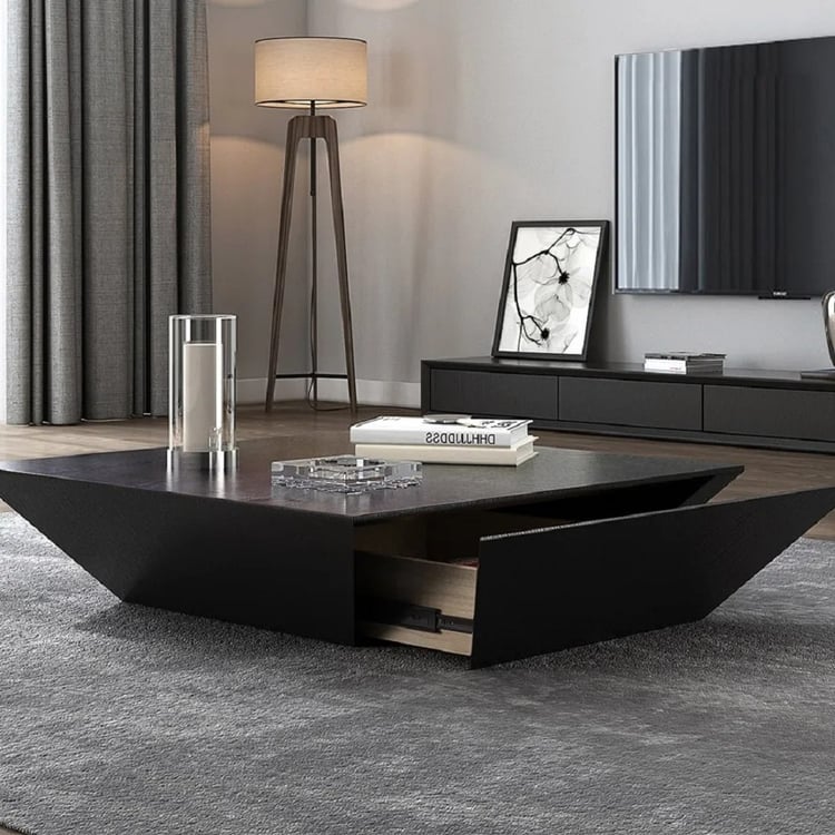 Luxe zwart houten salontafel 100 cm met lades