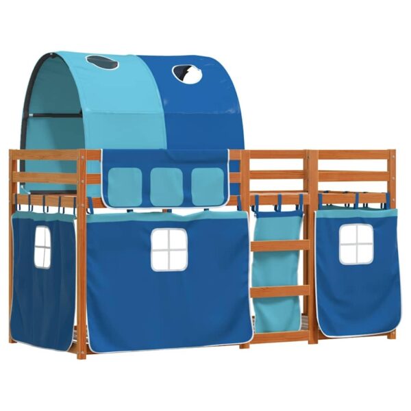 Massief dennen kinderhoogslaper met gordijn 90x190 – Blauw