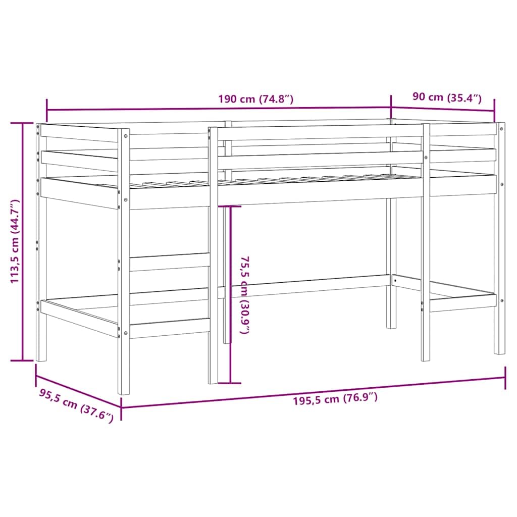 Massief grenen kinderhoogslaper 90x190 cm met ladder