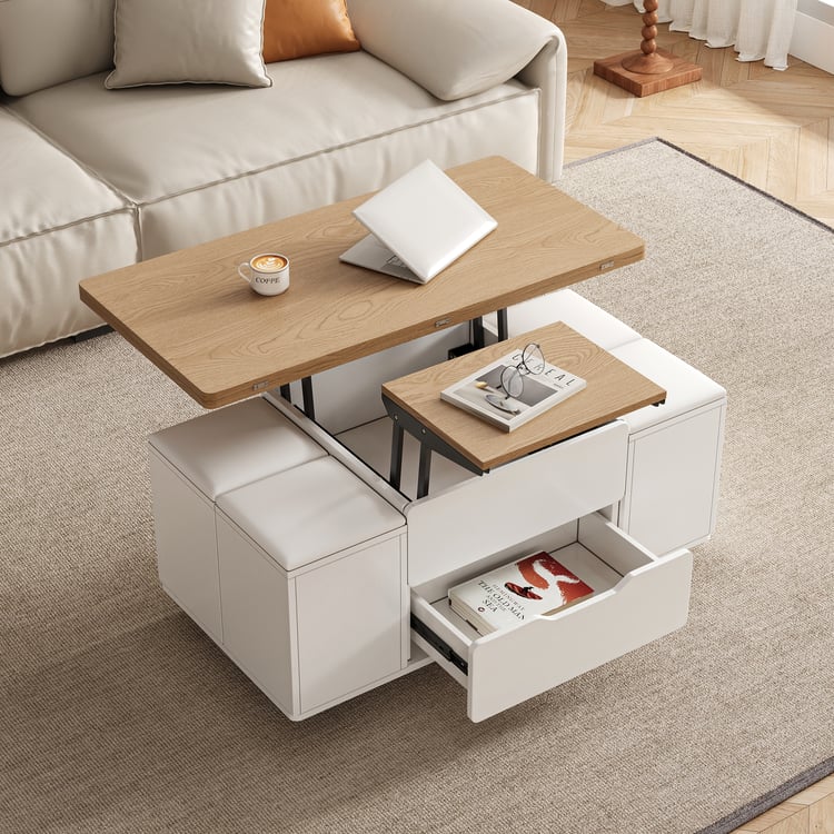 Opvouwbare salontafel 100 cm – Natuurwit, 4 krukken + opbergruimte