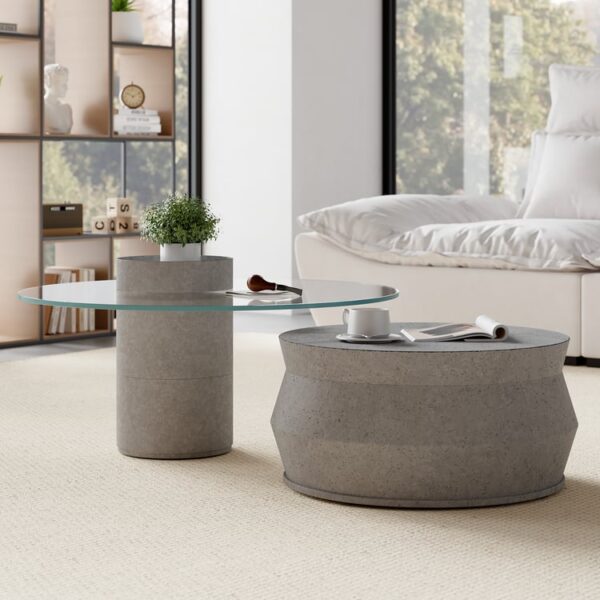 Premium 2-delige salontafelset in betonlook met glas — industrieel