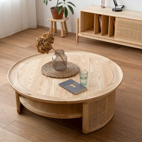 Premium Japandi ronde salontafel - massief essenhout & rattan