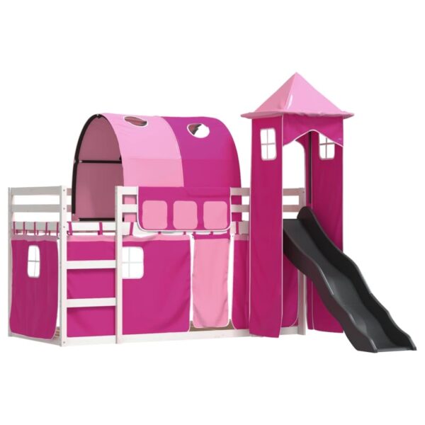 Premium kinderhoogslaper 90x200 met glijbaan & roze gordijnen