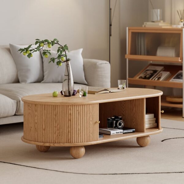 Premium massief houten salontafel ovaal met opbergruimte