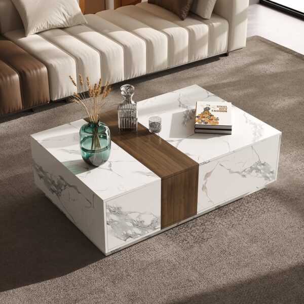 Premium salontafel 120×80 – kunstmarmer & houtfineer, 2 lades
