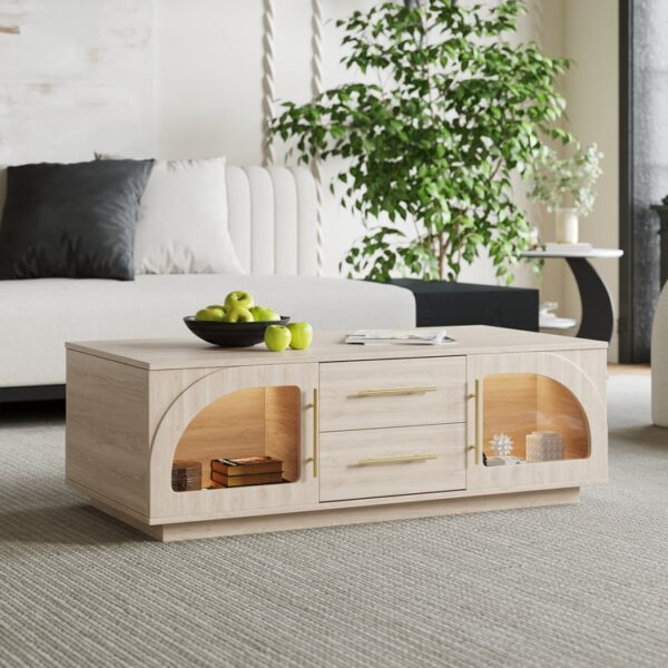 Premium salontafel met gebogen glas, LED en opbergruimte