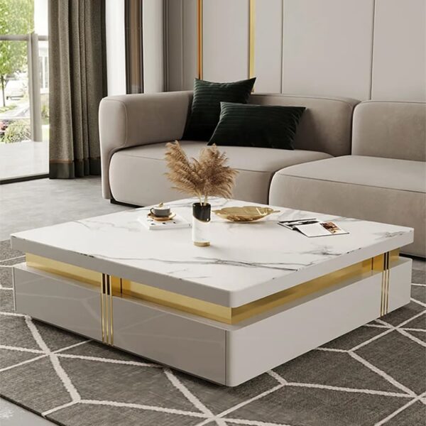 Premium sintersteen salontafel 110×110 — wit, goudaccent & lades