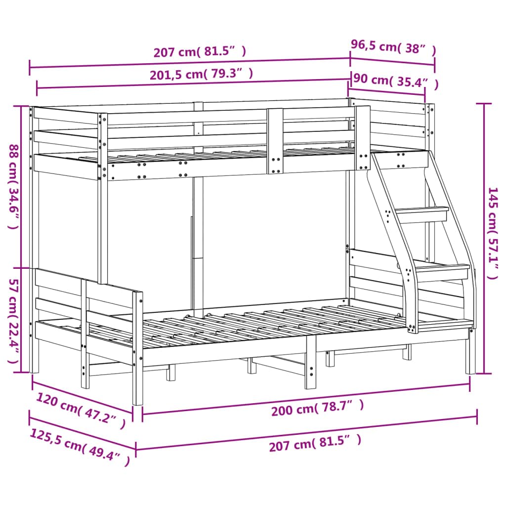 Premium stapelbed massief dennenhout, gewaxed bruin 90/120x200