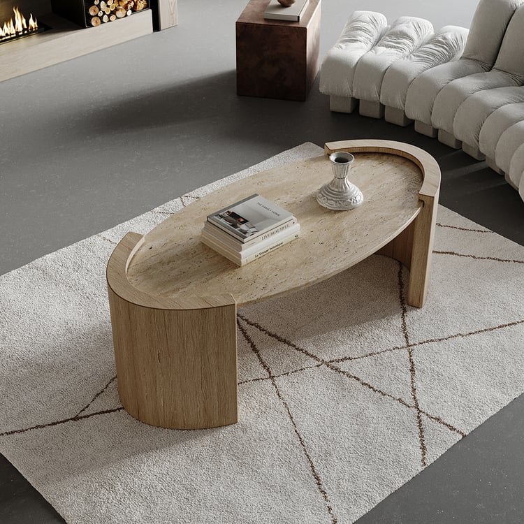 Premium travertin salontafel 108 cm — ovaal met houten frame