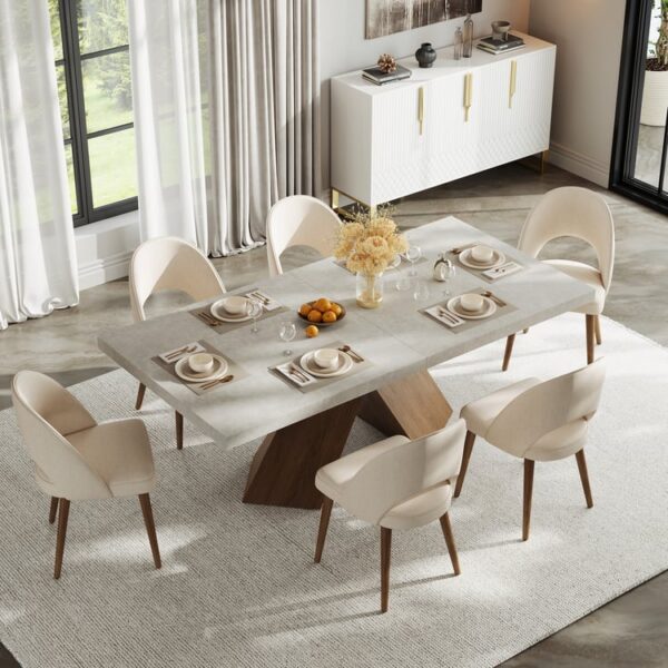 Premium uitschuifbare eettafel 160–200 cm + 6 walnoot-rattan stoelen