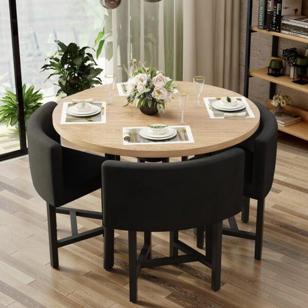 Ruimtebesparende ronde houten eettafelset voor 4 — modern grijs